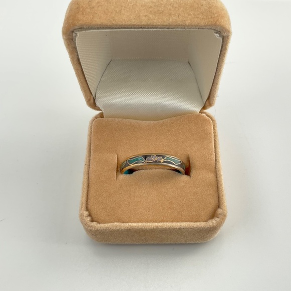 Vintage Black Cloisonne Enamel Ring with Pink Flowers & Green Leaves - Picture 6 of 9